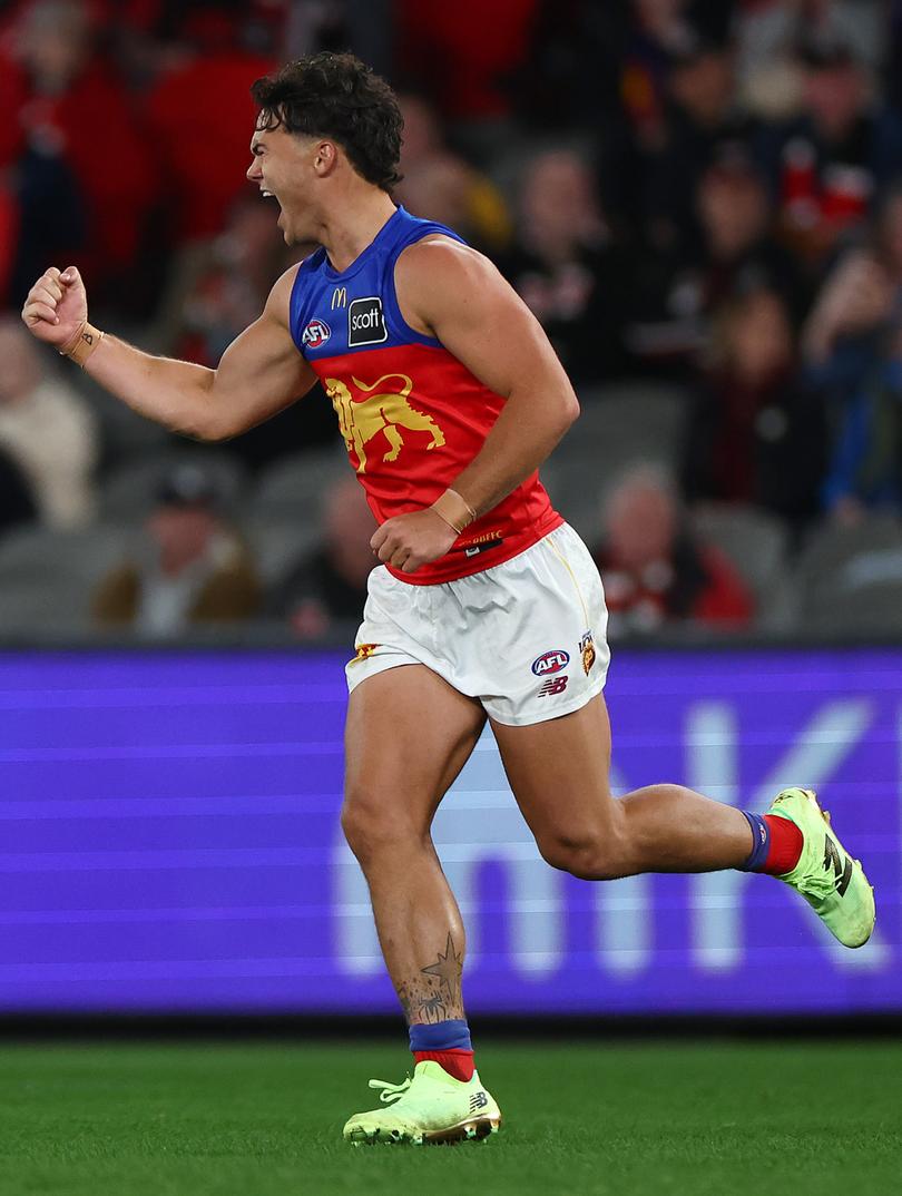 MELBOURNE, AUSTRALIA - AUGUST 04: Cam Rayner of the Lions celebrates kicking a goal during the round 21 AFL match between St Kilda Saints and Brisbane Lions at Marvel Stadium, on August 04, 2024, in Melbourne, Australia. (Photo by Josh Chadwick/AFL Photos/via Getty Images)