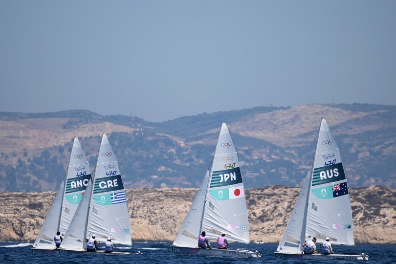 MARSEILLE, FRANCE - AUGUST 06: Odysseas Emmanouil Spanakis and Ariadni Paraskevi Spanaki of Team Greece, Keiju Okada and Miho Yoshioka of Team Japan and Nia Jerwood and Nicholas Connor of Team Australia compete in the Mixed Dinghy 470 class on day eleven of the Olympic Games Paris 2024 at Marseille Marina on August 06, 2024 in Marseille, France. (Photo by Clive Mason/Getty Images)