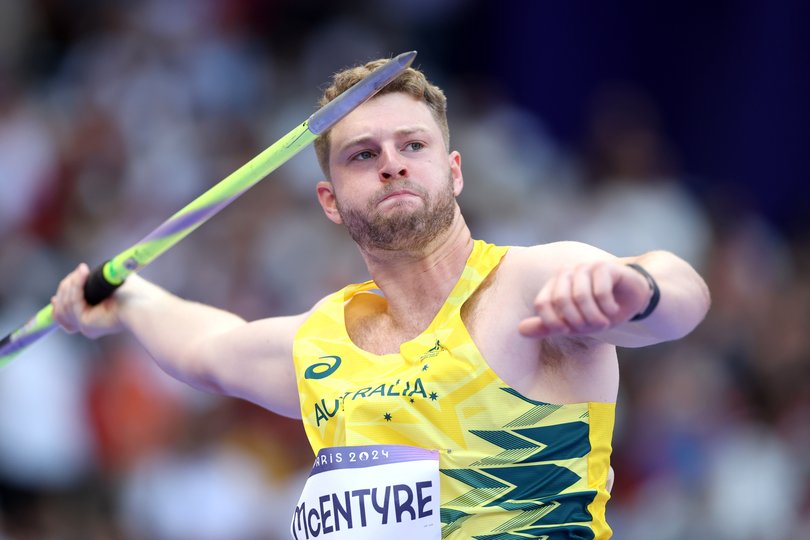 PARIS, FRANCE - AUGUST 06: Cameron McEntyre of Team Australia competes during the Men's Javelin Throw Qualification on day eleven of the Olympic Games Paris 2024 at Stade de France on August 06, 2024 in Paris, France. (Photo by Patrick Smith/Getty Images)