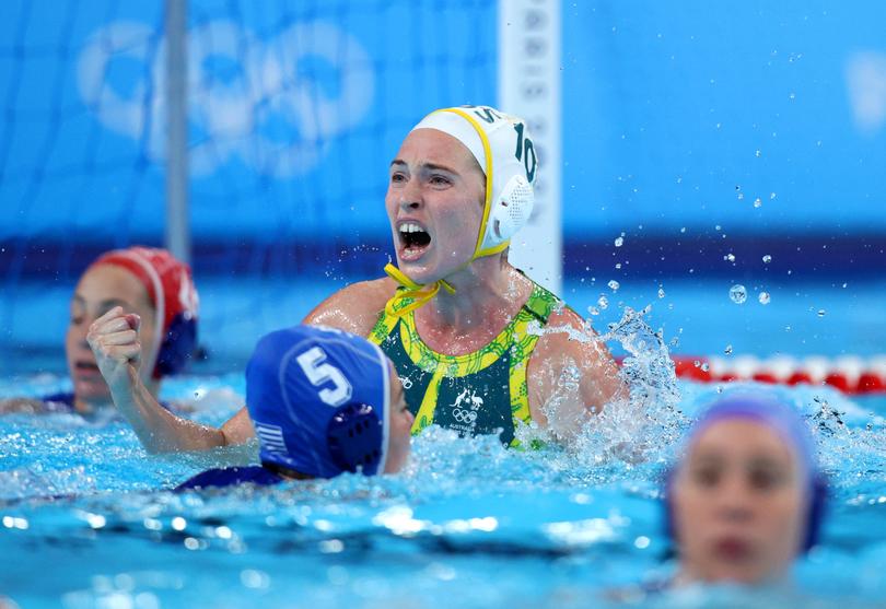 NANTERRE, FRANCE - AUGUST 06: Alice Williams of Team Australia celebrates in the Women's Quarterfinal match between Team Australia and Team Greece on day eleven of the Olympic Games Paris 2024 at Paris La Defense Arena on August 06, 2024 in Nanterre, France. (Photo by Adam Pretty/Getty Images)