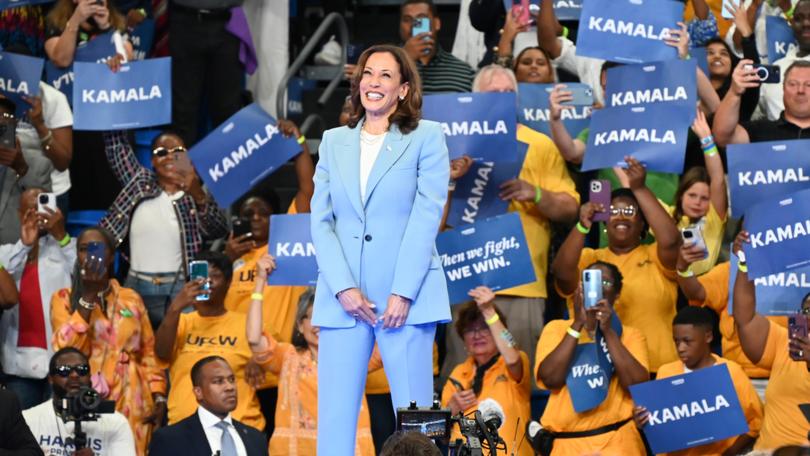 Vice-President of the United States Kamala Harris greets the crowd during her presidential campaign rally in Atlanta, Georgia, United States on July 30, 2024. 