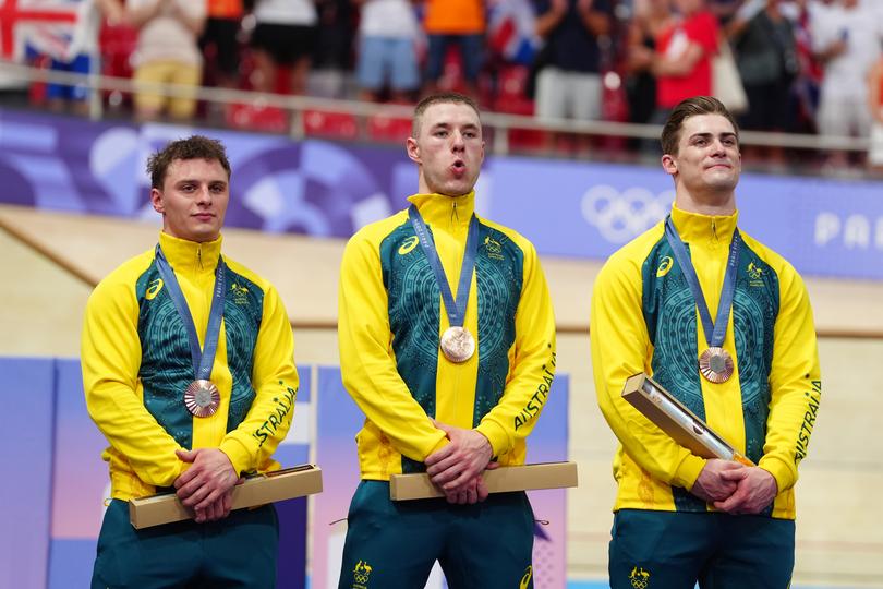 Matthew Glaetzer, Leigh Hoffman and Matthew Richardson with their bronze medals.