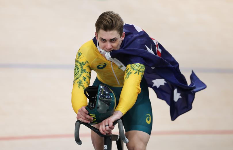 PARIS, FRANCE - AUGUST 06: Bronze medalist Matthew Glaetzer of Team Australia celebrates during the Men's Team Sprint - Finals on day eleven of the Olympic Games Paris 2024 at Saint-Quentin-en-Yvelines Velodrome on August 06, 2024 in Paris, France. (Photo by Tim de Waele/Getty Images)