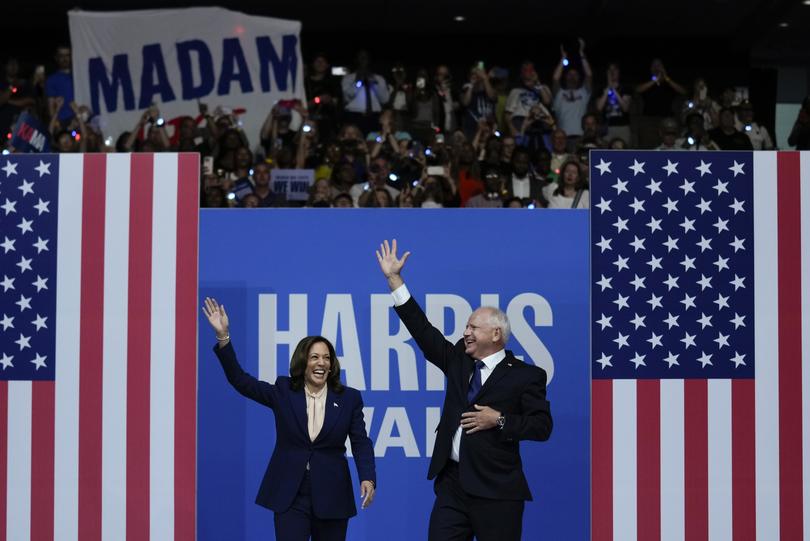 Kamala Harris and her newly annointed running mate Minnesota Governor Tim Walz at a rally in Philadelphia.