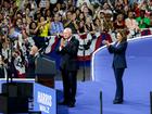 US Vice President Kamala Harris, right, applauds Tim Walz, governor of Minnesota and Democratic vice-presidential nominee, left, during a campaign event in Philadelphia, Pennsylvania, US, on Tuesday, Aug. 6, 2024. Harris tapped Walz as her running mate, enlisting him to build an electoral coalition of coastal progressives and Midwest moderates to block Donald Trump from the White House. Photographer: Hannah Beier/Bloomberg