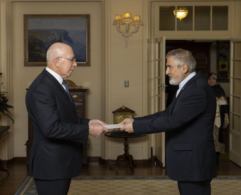 Iranian ambassador Ahmad Sadeghi with Governor General David Hurley.