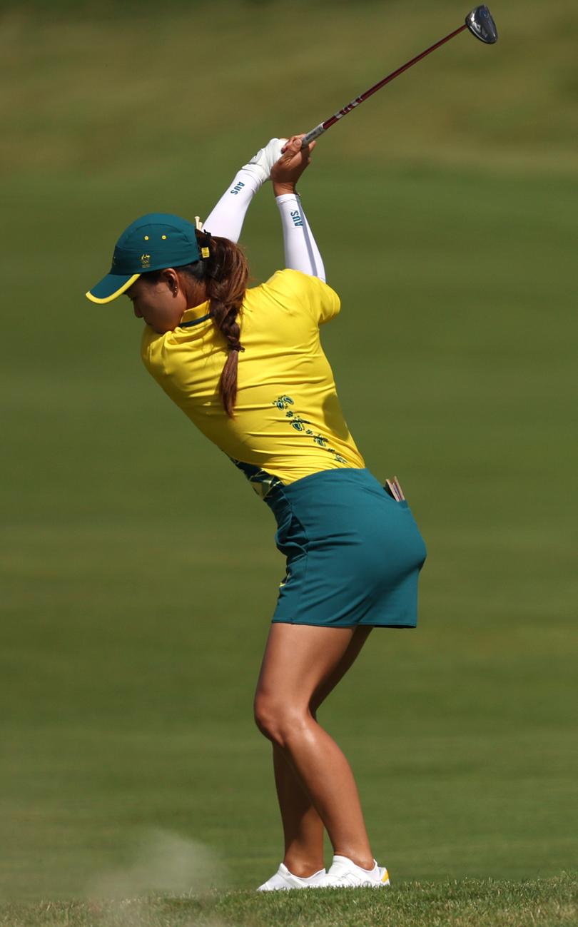 PARIS, FRANCE - AUGUST 07: Minjee Lee of Team Australia plays a shot on the third hole during Day One of the Women's Individual Stroke Play on day twelve of the Olympic Games Paris 2024 at Le Golf National on August 07, 2024 in Paris, France. (Photo by Kevin C. Cox/Getty Images)