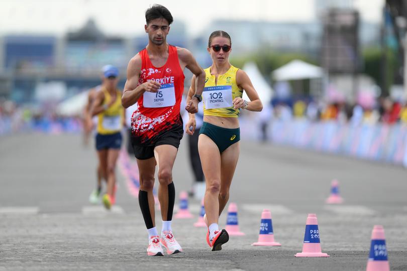 PARIS, FRANCE - AUGUST 07: Jemima Montag of Team Australia competes during the Mixed Marathon Race Walk Relay on day twelve of the Olympic Games Paris 2024 at Stade de France on August 07, 2024 in Paris, France. (Photo by David Ramos/Getty Images)