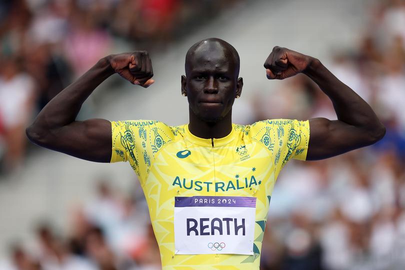 PARIS, FRANCE - AUGUST 07: Yual Reath of Team Australia reacts  during the Men's High Jump Qualification on day twelve of the Olympic Games Paris 2024 at Stade de France on August 07, 2024 in Paris, France. (Photo by Cameron Spencer/Getty Images)