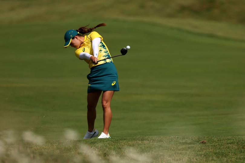 PARIS, FRANCE - AUGUST 07: Minjee Lee of Team Australia plays a shot on the third hole during Day One of the Women's Individual Stroke Play on day twelve of the Olympic Games Paris 2024 at Le Golf National on August 07, 2024 in Paris, France. (Photo by Kevin C. Cox/Getty Images)