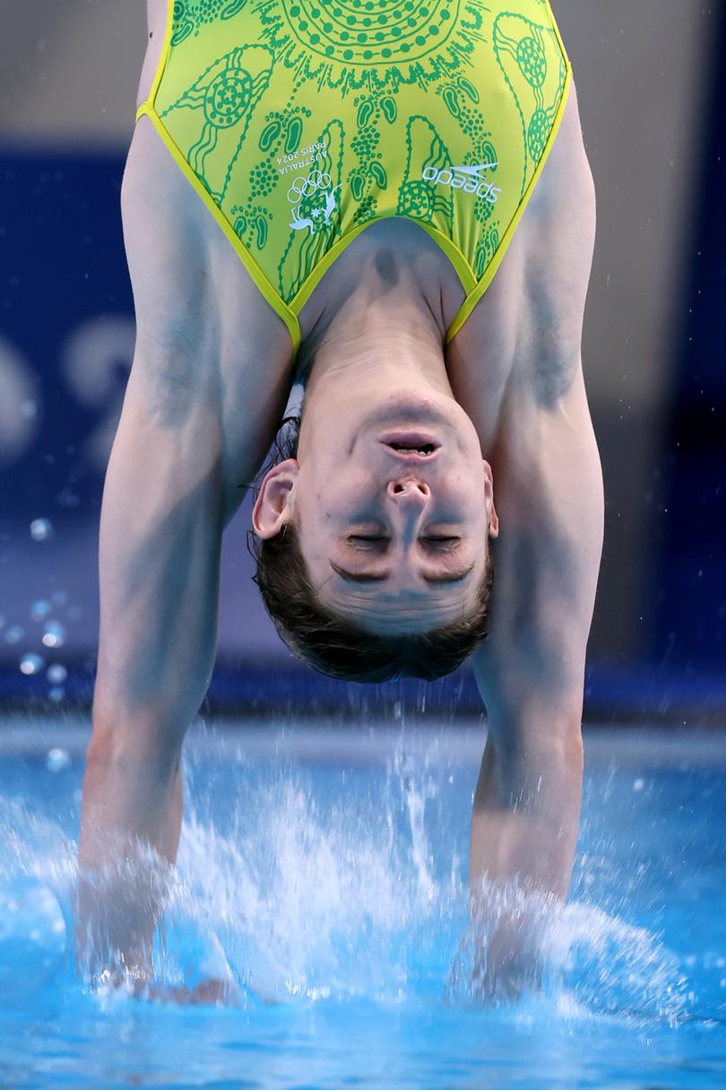 PARIS, FRANCE - AUGUST 07: Maddison Keeney of Team Australia competes in the Women's 3m Springboard Preliminaries on day twelve of the Olympic Games Paris 2024 at Aquatics Centre on August 07, 2024 in Paris, France. (Photo by Maddie Meyer/Getty Images)