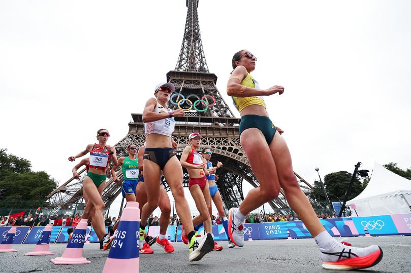 PARIS, FRANCE - AUGUST 07: Maria Perez of Team Spain and Jemima Montag of Team Australia compete during the Mixed Marathon Race Walk Relay on day twelve of the Olympic Games Paris 2024 at Stade de France on August 07, 2024 in Paris, France. (Photo by Lintao Zhang/Getty Images)