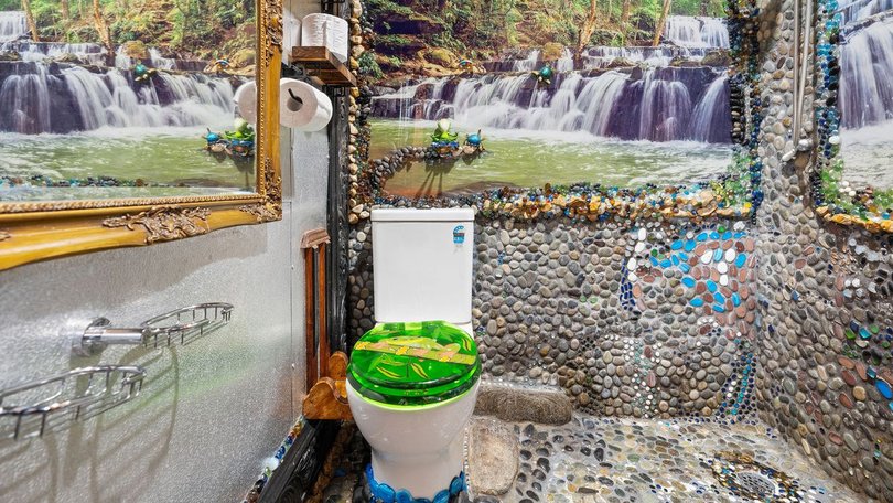 The waterfall-inspired bathroom.