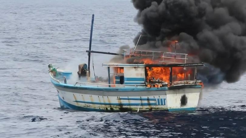 Force patrols set fire to dozens of illegal Indonesian fishing boats. 