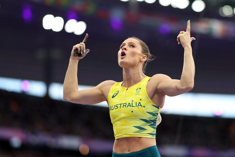 PARIS, FRANCE - AUGUST 07: Nina Kennedy of Team Australia reacts while competing in the Women's Pole Vault Final on day twelve of the Olympic Games Paris 2024 at Stade de France on August 07, 2024 in Paris, France. (Photo by Cameron Spencer/Getty Images)