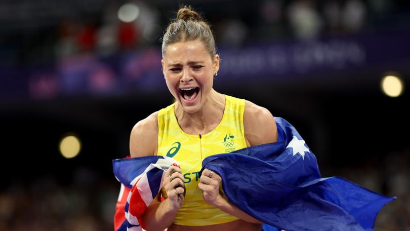 Gold medalist Nina Kennedy of Team Australia reacts after winning in the Women's Pole Vault Final on day twelve of the Olympic Games in Paris.