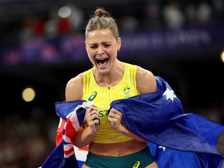 Gold medalist Nina Kennedy of Team Australia reacts after winning in the Women's Pole Vault Final on day twelve of the Olympic Games in Paris. 