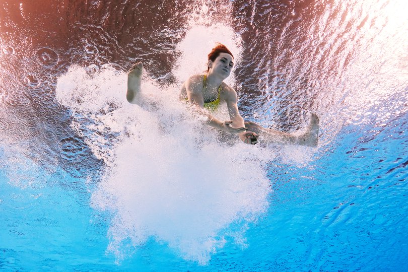 PARIS, FRANCE - AUGUST 08: (EDITORS NOTE: Image was captured using an underwater robotic camera.) Maddison Keeney of Team Australia competes in the Women's 3m Springboard Semifinal on day thirteen of the Olympic Games Paris 2024 at Aquatics Centre on August 08, 2024 in Paris, France. (Photo by Quinn Rooney/Getty Images)