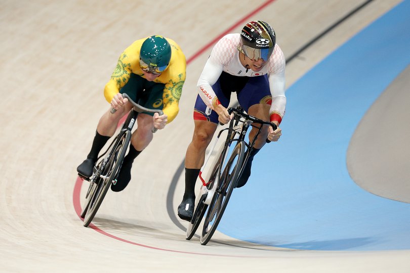 PARIS, FRANCE - AUGUST 08: (L-R) Matthew Richardson of Team Australia and Yuta Obara of Team Japan compete during the Men's Sprint Quarterfinals on day thirteen of the Olympic Games Paris 2024 at Saint-Quentin-en-Yvelines Velodrome on August 08, 2024 in Paris, France. (Photo by Jared C. Tilton/Getty Images)