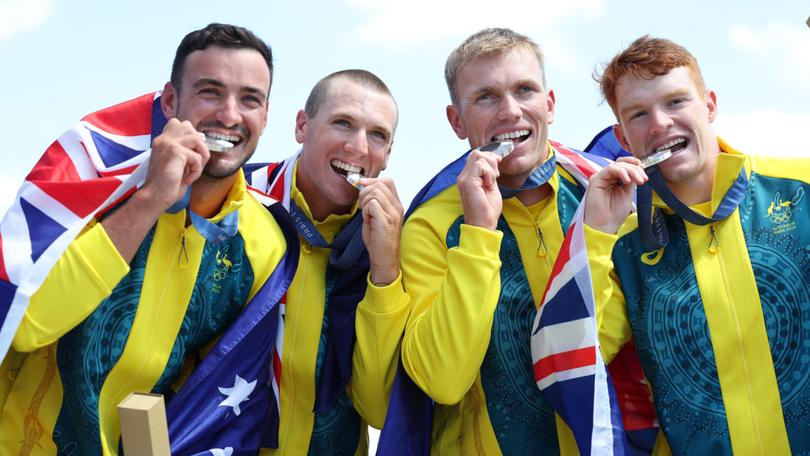 Silver medalists Riley Fitzsimmons, Pierre van der Westhuyzen, Jackson Collins and Noah Havard of Team Australia.