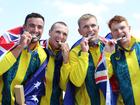 Silver medalists Riley Fitzsimmons, Pierre van der Westhuyzen, Jackson Collins and Noah Havard of Team Australia.