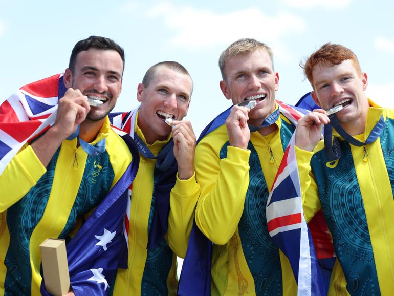 Silver medalists Riley Fitzsimmons, Pierre van der Westhuyzen, Jackson Collins and Noah Havard of Team Australia.