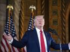 Republican presidential nominee former President Donald Trump talks about the size of the room as he speaks to reporters about debates during a news conference at his Mar-a-Lago estate.