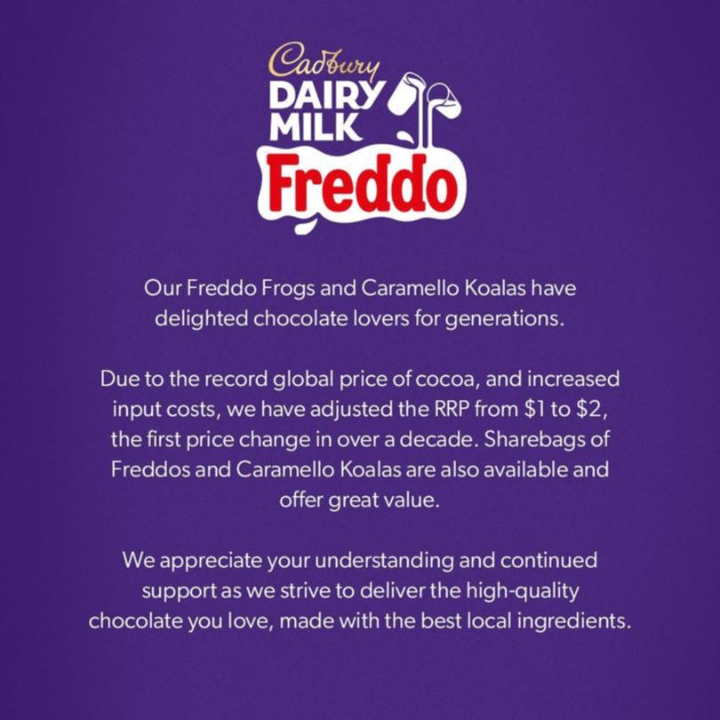 Cadbury have announced the price of Freddo Frogs and Caramello Koalas will double. 