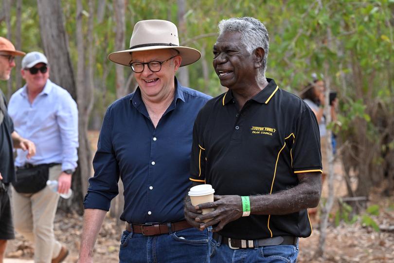 Prime Minister Anthony Albanese and Gumatj leader Djawa Yunupingu during the Garma Festival held at the Gulkula ceremonial in the Gove Peninsula of the Northern Territory, Saturday, August 3, 2024. The Garma Festival is Australia’s largest Indigenous gathering, a 4-day celebration of Yolngu life and culture held in remote northeast Arnhem Land. (AAP Image/Mick Tsikas) NO ARCHIVING