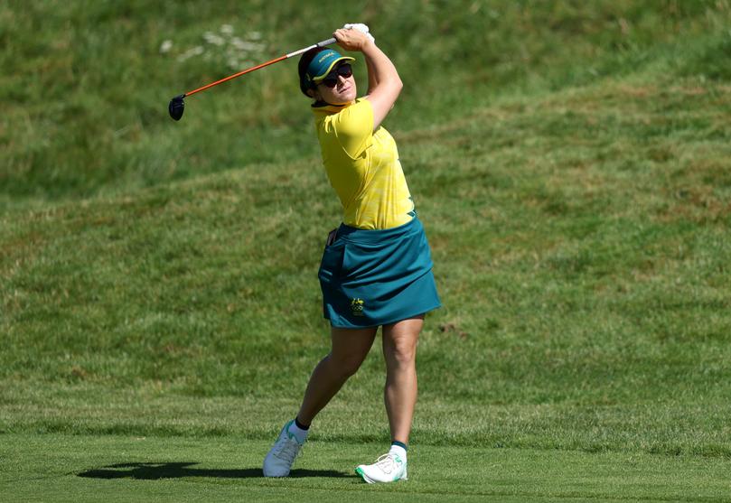 PARIS, FRANCE - AUGUST 10: Hannah Green of Team Australia plays a shot on the third hole during Day Four of the Women's Individual Stroke Play on day fifteen of the Olympic Games Paris 2024 at Le Golf National on August 10, 2024 in Paris, France. (Photo by Kevin C. Cox/Getty Images)