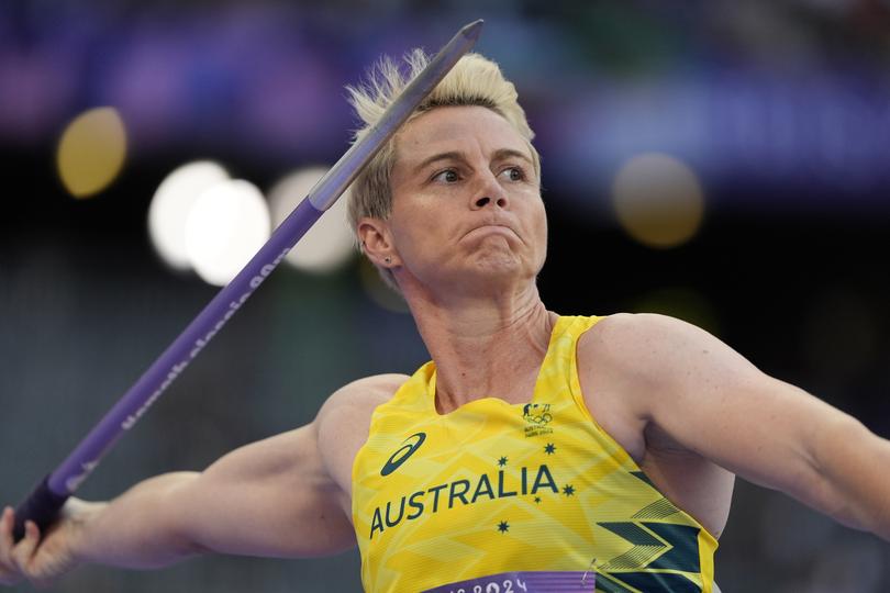 Kathryn Mitchell, of Australia, competes in the women's javelin throw final at the 2024 Summer Olympics, Saturday, Aug. 10, 2024, in Saint-Denis, France. (AP Photo/Matthias Schrader)