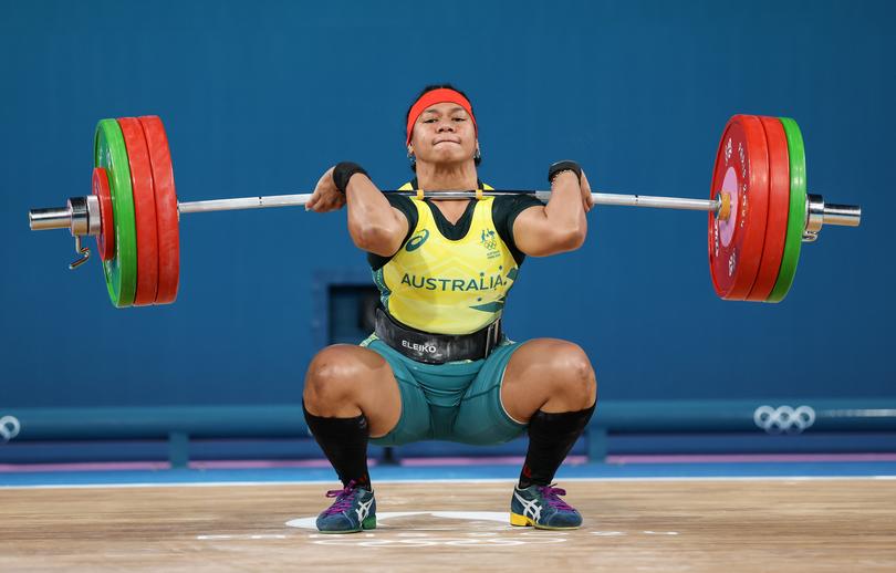 PARIS, FRANCE - AUGUST 10: Eileen Cikamatana of Team Australia performs a Clean & Jerk in the Weightlifting Women's 81kg on day fifteen of the Olympic Games Paris 2024 at South Paris Arena on August 10, 2024 in Paris, France. (Photo by Lars Baron/Getty Images)