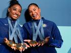 Simone Biles and Jordan Chiles show off their medals - with Chiles now in line to lose bronze.