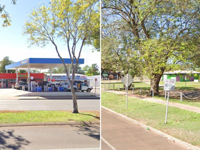 Two men were followed to a petrol station on Katherine Tce by two violent offenders after an attack in the adjacent Ryan Park.