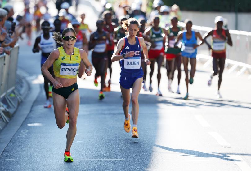 PARIS, FRANCE - AUGUST 11: Jessica Stenson of Team Australia competes during the Women's Marathon on day sixteen of the Olympic Games Paris 2024 at Esplanade Des Invalides on August 11, 2024 in Paris, France. (Photo by Christian Petersen/Getty Images)