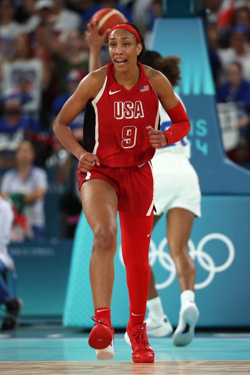 A'Ja Wilson #9 of Team United States runs up the court.