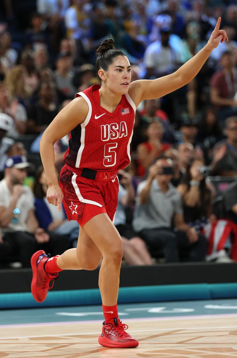 Kelsey Plum #5 of Team United States reacts.