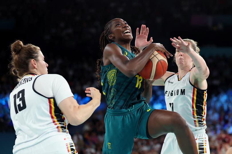 PARIS, FRANCE - AUGUST 11: Ezi Magbegor of Team Australia competes during the Women's Bronze Medal game between Team Belgium and Team Australia on day sixteen of the Olympic Games Paris 2024 at Bercy Arena on August 11, 2024 in Paris, France. (Photo by Gregory Shamus/Getty Images)