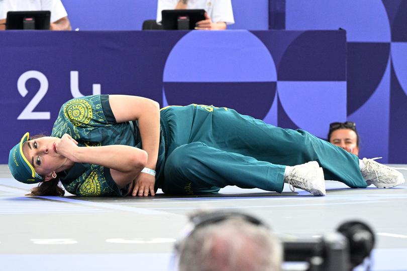 epa11540134 Raygun of Australia breaks during her B-Girls round robin group B battle at the Breaking competitions in the Paris 2024 Olympic Games, at the La Concorde in Paris, France, 09 August 2024. EPA/CAROLINE BLUMBERG