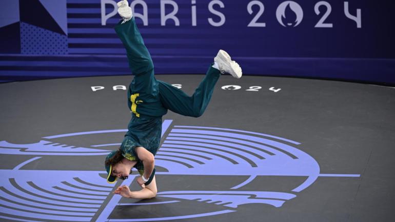 Australian breaker Rachael Gunn, also known as Raygun, during the breaking competition in Paris. (Dan Himbrechts/AAP PHOTOS)