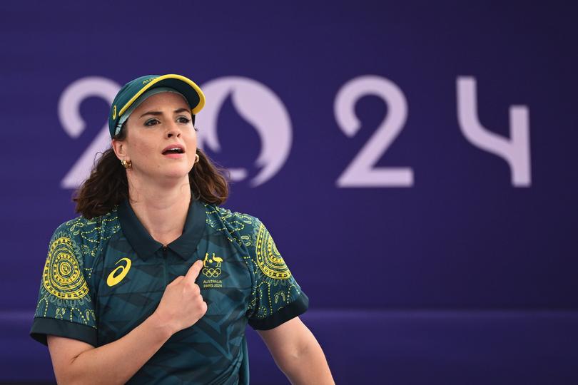 Australian breaker Rachael Gunn, also known as Raygun, during the B-Girls Round Robin breaking competition at La Concorde Urban Park in Paris, as part of the 2024 Paris Olympic Games, France, Friday, August 09, 2024. 