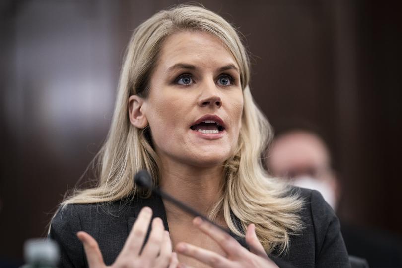 FILE - Former Facebook data scientist Frances Haugen speaks during a hearing of the Senate Commerce, Science, and Transportation Subcommittee on Consumer Protection, Product Safety, and Data Security, on Capitol Hill, Tuesday, Oct. 5, 2021, in Washington. A quote from Haugen's testimony made a list of noteworthy quotes assembled by Fred Shapiro, an associate director at the Yale Law library. He said he picks quotes that are important or revealing of the spirit of the times, not because they are necessarily eloquent or admirable. (Jabin Botsford/The Washington Post via AP, Pool, File)