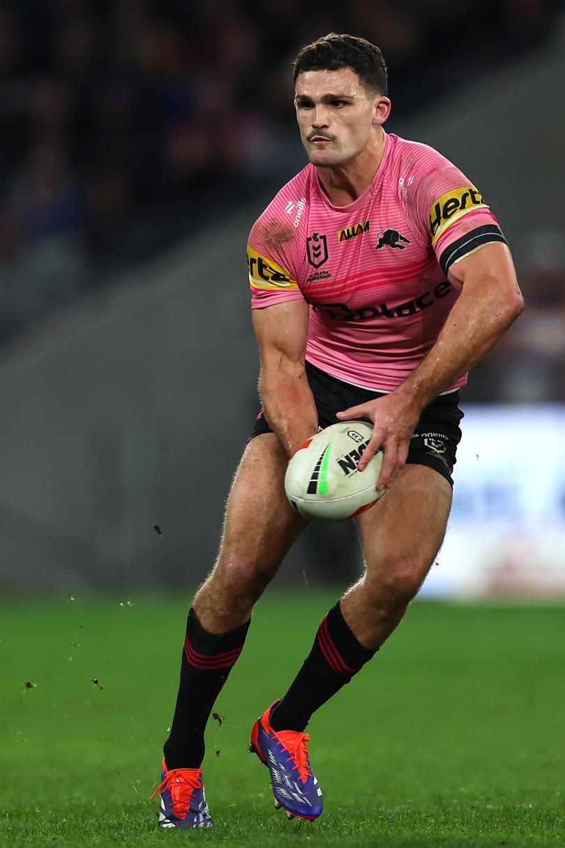 SYDNEY, AUSTRALIA - AUGUST 09: Nathan Cleary of the Panthers passes during the round 23 NRL match between Parramatta Eels and Penrith Panthers at CommBank Stadium, on August 09, 2024, in Sydney, Australia. (Photo by Jeremy Ng/Getty Images)