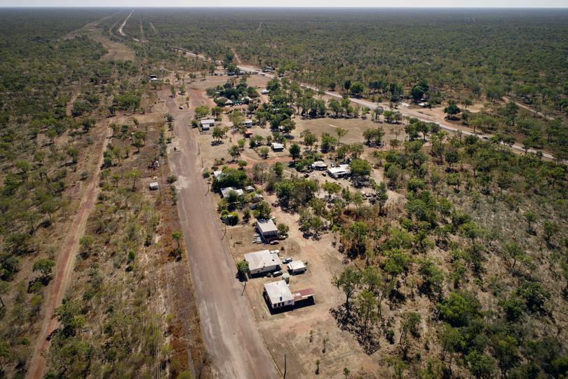 ###FEE APPLIES PER USAGE###
JUNE 19, 2018: LARRIMAH, NT. Aerial view of The Stuart Highway passing through the small township of Larrimah in the Northern Territory. (Photo by Michael Franchi / Newspix)