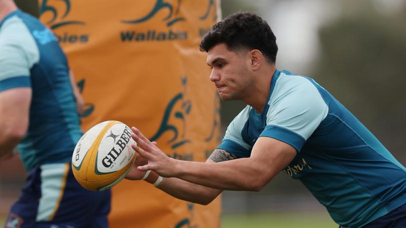 The Wallabies train ahead of their match against South Africa on Saturday at Optus Stadium. Pictured: Noah Lolesio.