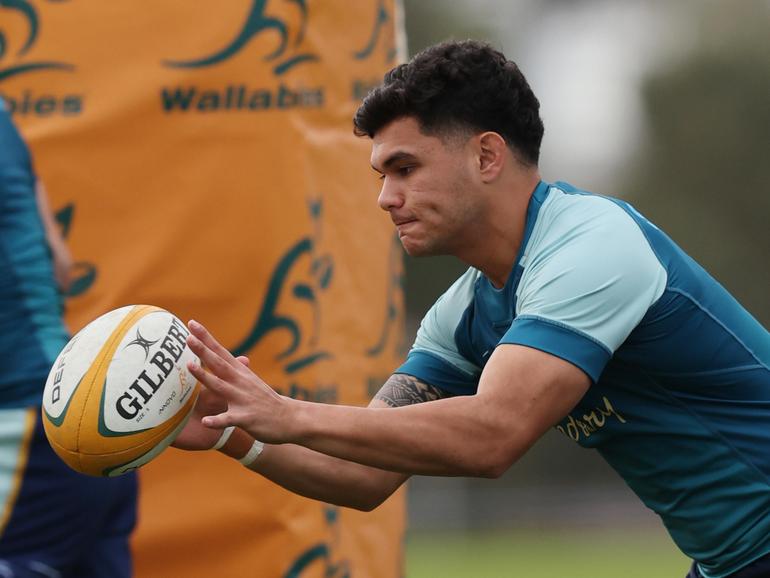 The Wallabies train ahead of their match against South Africa on Saturday at Optus Stadium. Pictured: Noah Lolesio.