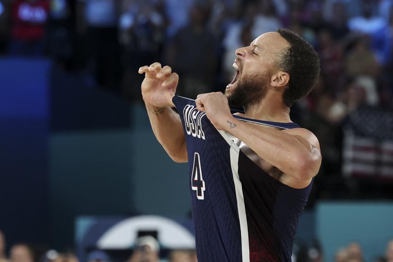 PARIS, FRANCE - AUGUST 10: Stephen Curry #4 of Team USA reacts to a play during the Men's Gold Medal game between Team France and Team USA on day fifteen of the Olympic Games Paris 2024 at Bercy Arena on August 10, 2024 in Paris, France. (Photo by Catherine Steenkeste/Getty Images)