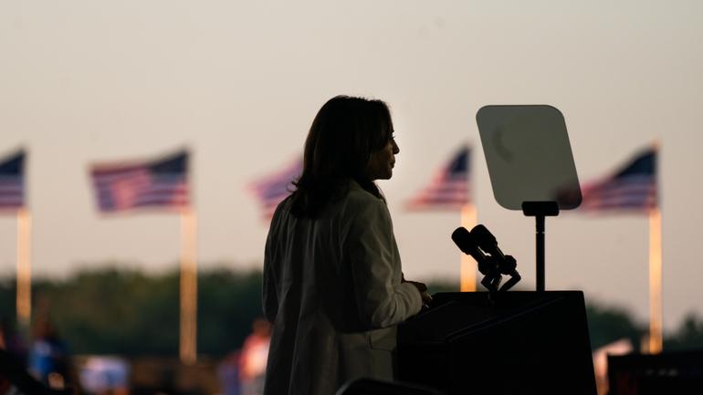 Vice President Kamala Harris speaks in Detroit on Aug. 7. 