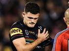 Penrith ace Nathan Cleary holds his injured shoulder before leaving the field against Melbourne. (Mark Evans/AAP PHOTOS)