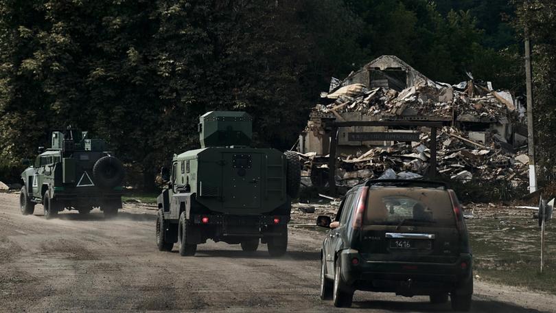 Ukrainian military equipment is moved near the border with Russia in the Sumy region of Ukraine. 